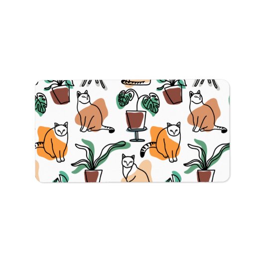ラインアートスケッチ猫と花 ラベル (正面)