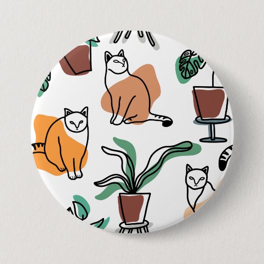 ラインアートスケッチ猫と花 缶バッジ (正面)