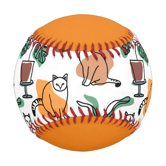 ラインアートスケッチ猫と花 野球ボール (正面)
