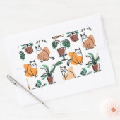 ラインアートスケッチ猫と花 長方形シール (封筒)