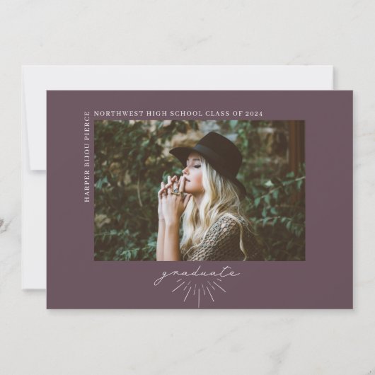 ラインアートダークパープル卒業水平フォト 案内状 (正面)