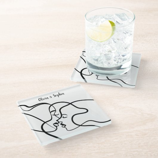 ラインアートパーソナライズされたレズビアン ガラスコースター (アングル)