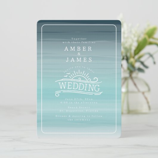 ラインアートビーチ結婚式ティール(緑がかった色) グラデーション 招待状 (スタンド正面)