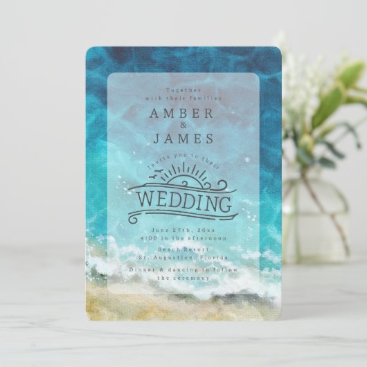 ラインアートビーチ結婚式水彩海岸 招待状 (スタンド正面)