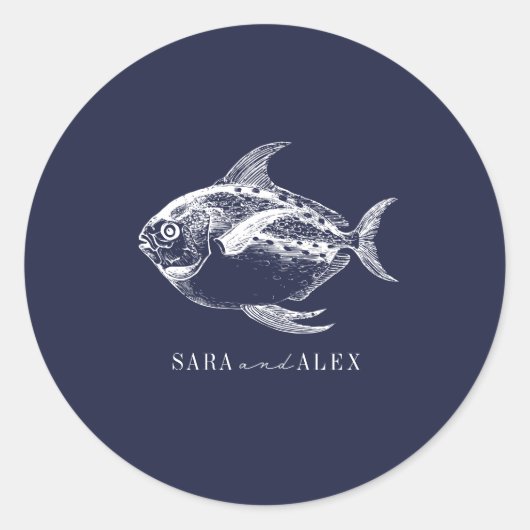 ラインアートフィッシュダークブルービーチ結婚式 ラウンドシール (正面)