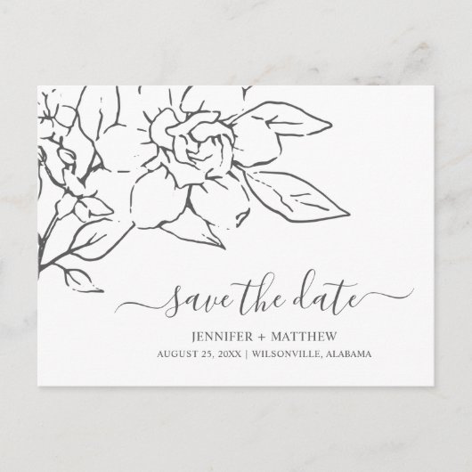 ラインアートフローラエレガントな結婚式日付を保存 案内ポストカード (正面)