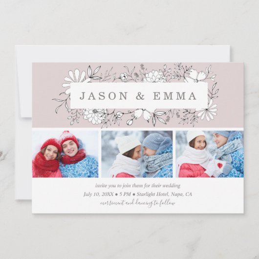 ラインアートフローラフレームほこりっぽいバラ3結婚写真 招待状 (正面)