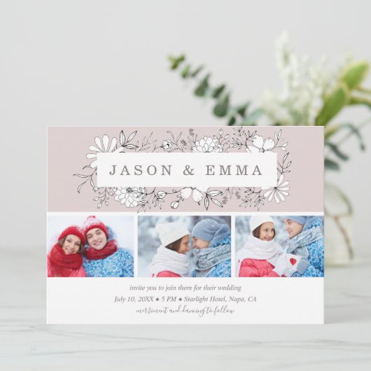 ラインアートフローラフレームほこりっぽいバラ3結婚写真 招待状 (スタンド正面)