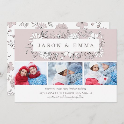 ラインアートフローラフレームほこりっぽいバラ3結婚写真 招待状 (正面/裏面)