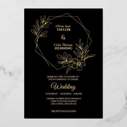 ラインアートフローラフレーム結婚フォトのフォイル招待状 箔招待状 (正面)