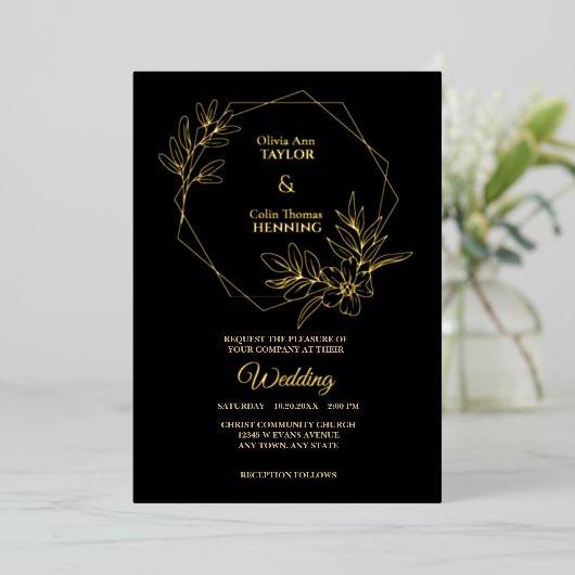 ラインアートフローラフレーム結婚フォトのフォイル招待状 箔招待状 (立ち正面)