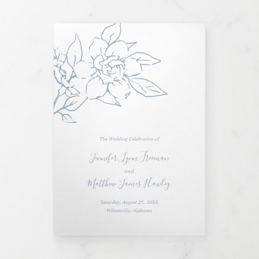 ラインアートフローラ写真ほこりっぽい青エレガントな結婚式 三つ折り招待状 (カバー)