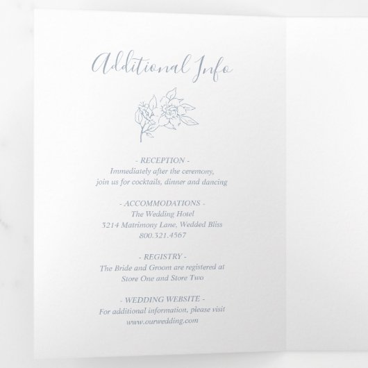 ラインアートフローラ写真ほこりっぽい青エレガントな結婚式 三つ折り招待状 (内部最初)