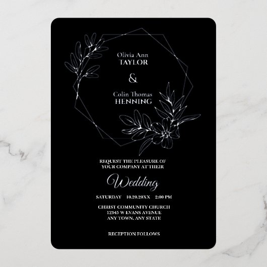 ラインアートフローラ結婚フォトのシルバーフォイル招待状 箔招待状 (正面)