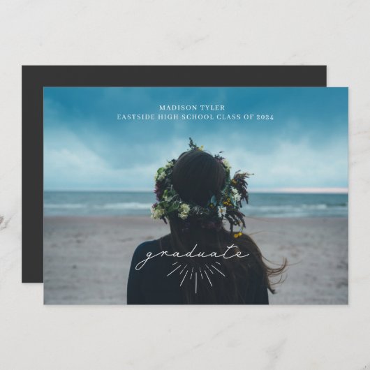 ラインアートホワイトスクリプト卒業水平フォト 案内状 (正面/裏面)