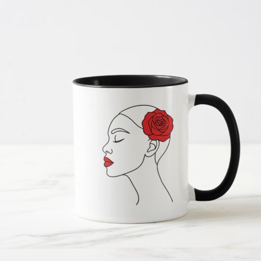 ラインアートポートレートの女性とレッドローズ マグカップ (右)