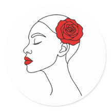 ラインアートポートレートの女性とレッドローズ