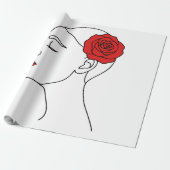 ラインアートポートレートの女性とレッドローズ ラッピングペーパー (アンロールド)