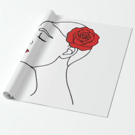 ラインアートポートレートの女性とレッドローズ ラッピングペーパー
