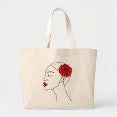 ラインアートポートレートの女性とレッドローズ ラージトートバッグ (正面)