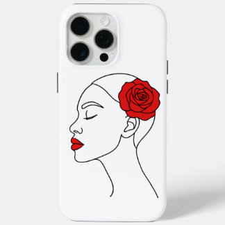 ラインアートポートレートの女性とレッドローズ iPhone 15 PRO MAXケース