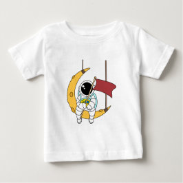 ラインアート宇宙飛行士の座る月イラストレーション ベビーTシャツ