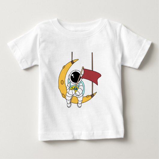 ラインアート宇宙飛行士の座る月イラストレーション ベビーTシャツ (正面)