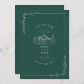 ラインアート山ティール(緑がかった色)結婚式日付を保存 セーブザデート (正面/裏面)