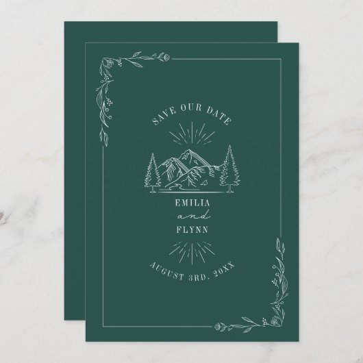 ラインアート山ティール(緑がかった色)結婚式日付を保存 セーブザデート (正面/裏面)