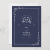 ラインアート素朴ネイビーブルーカニビーチ結婚式 招待状 (正面)