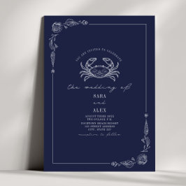 ラインアート素朴ネイビーブルーカニビーチ結婚式 招待状