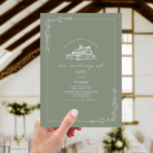 ラインアート素朴バーンセージ結婚グリーン 招待状
