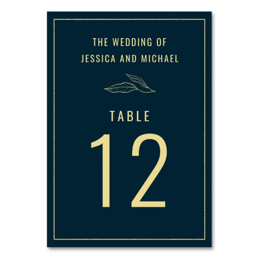 ラインアート葉金ゴールド深いブルーエレガントな結婚式 テーブルナンバー (正面)