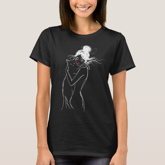 ラインアート 女性 猫を抱く Tシャツ ブラック (正面)