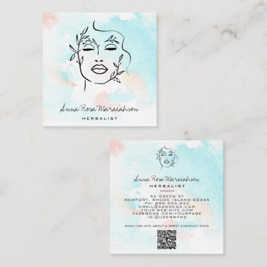 *~*ラインアートQR植物性女性緑 スクエア名刺 (正面/裏面)