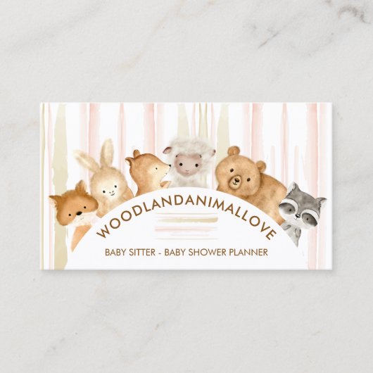 ラインウォーターカラーパターンフォレストアニマルズベビーシッター 名刺 (正面)