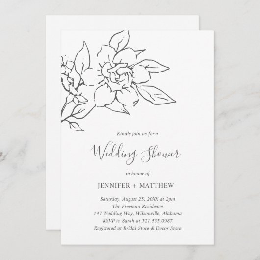 ラインエレガントアートマグノリアフローラウェディングシャワー 招待状 (正面/裏面)