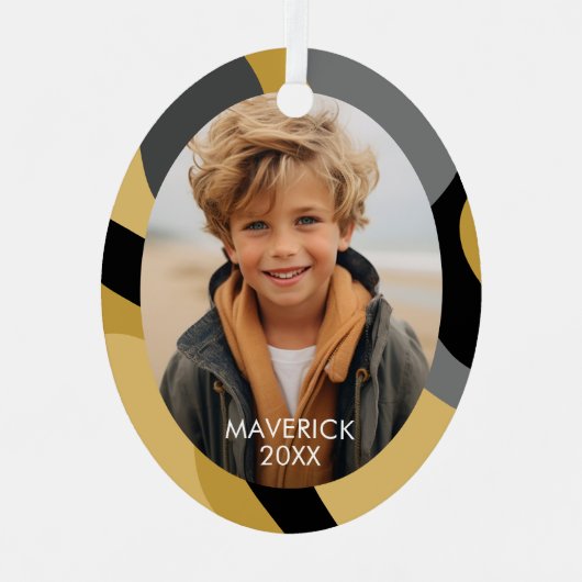 ラインオーガニック抽象芸術アート – 1フォト金ゴールドブラック メタルオーナメント (正面)