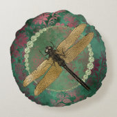 ラインストエレガントーンを持つ金ゴールドトンボが緑に浮かぶ ラウンドクッション (裏面)