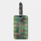 ラインストエレガントーンを持つ金ゴールドトンボが緑に浮かぶ ラゲッジタグ (裏面縦)