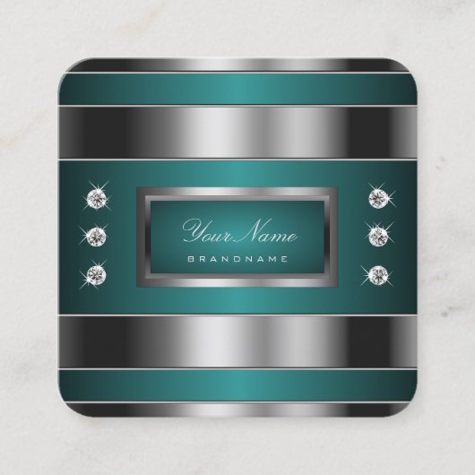 ラインストーンとの贅沢な銀とフェイクティール(緑がかった色) スクエア名刺 (正面)