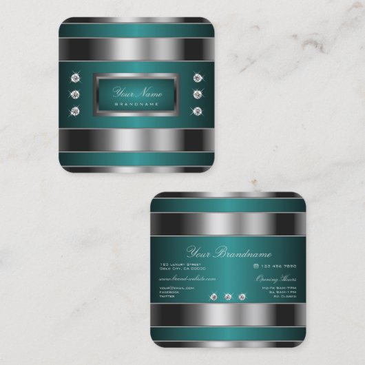 ラインストーンとの贅沢な銀とフェイクティール(緑がかった色) スクエア名刺 (正面/裏面)