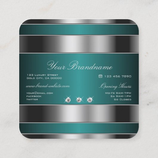 ラインストーンとの贅沢な銀とフェイクティール（緑がかった色） スクエア名刺 (裏面)