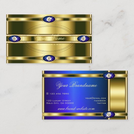 ラインストーンと青い魅力的な金ゴールドフェイク効果 名刺 (正面/裏面)