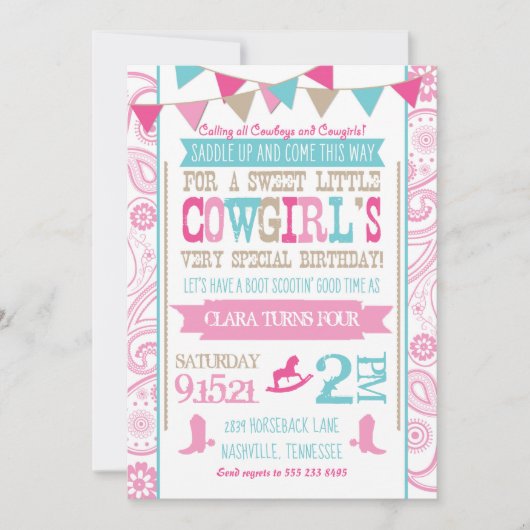 ラインストーンの女性のカーボーイのロデオの誕生日のパーティの招待状 招待状 (正面)