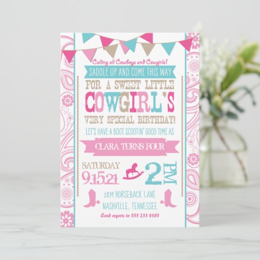 ラインストーンの女性のカーボーイのロデオの誕生日のパーティの招待状 招待状 (スタンド正面)