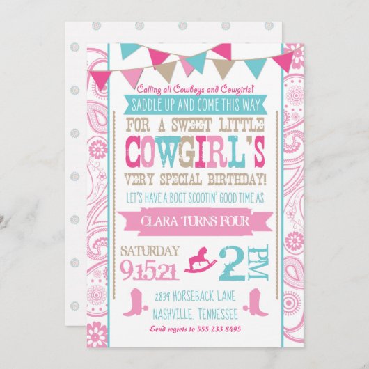 ラインストーンの女性のカーボーイのロデオの誕生日のパーティの招待状 招待状 (正面/裏面)