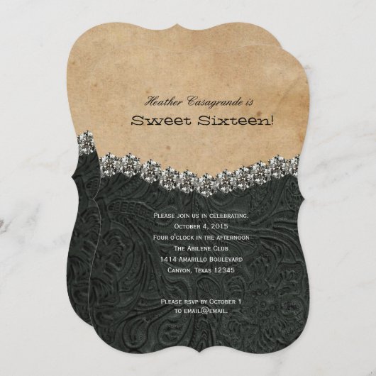 ラインストーンの女性のカーボーイの黒のSweet sixteenの誕生日 招待状 (正面/裏面)
