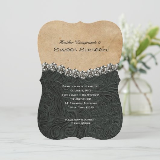 ラインストーンの女性のカーボーイの黒のSweet sixteenの誕生日 招待状 (スタンド正面)