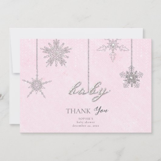 ラインストーングリッタースノーフレークスピンクウィンターベビー サンキューカード (正面)